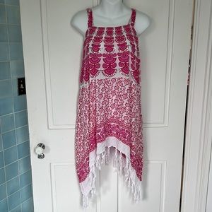 Pink & White Indian print convertible beach cover-up w silver sequins & …